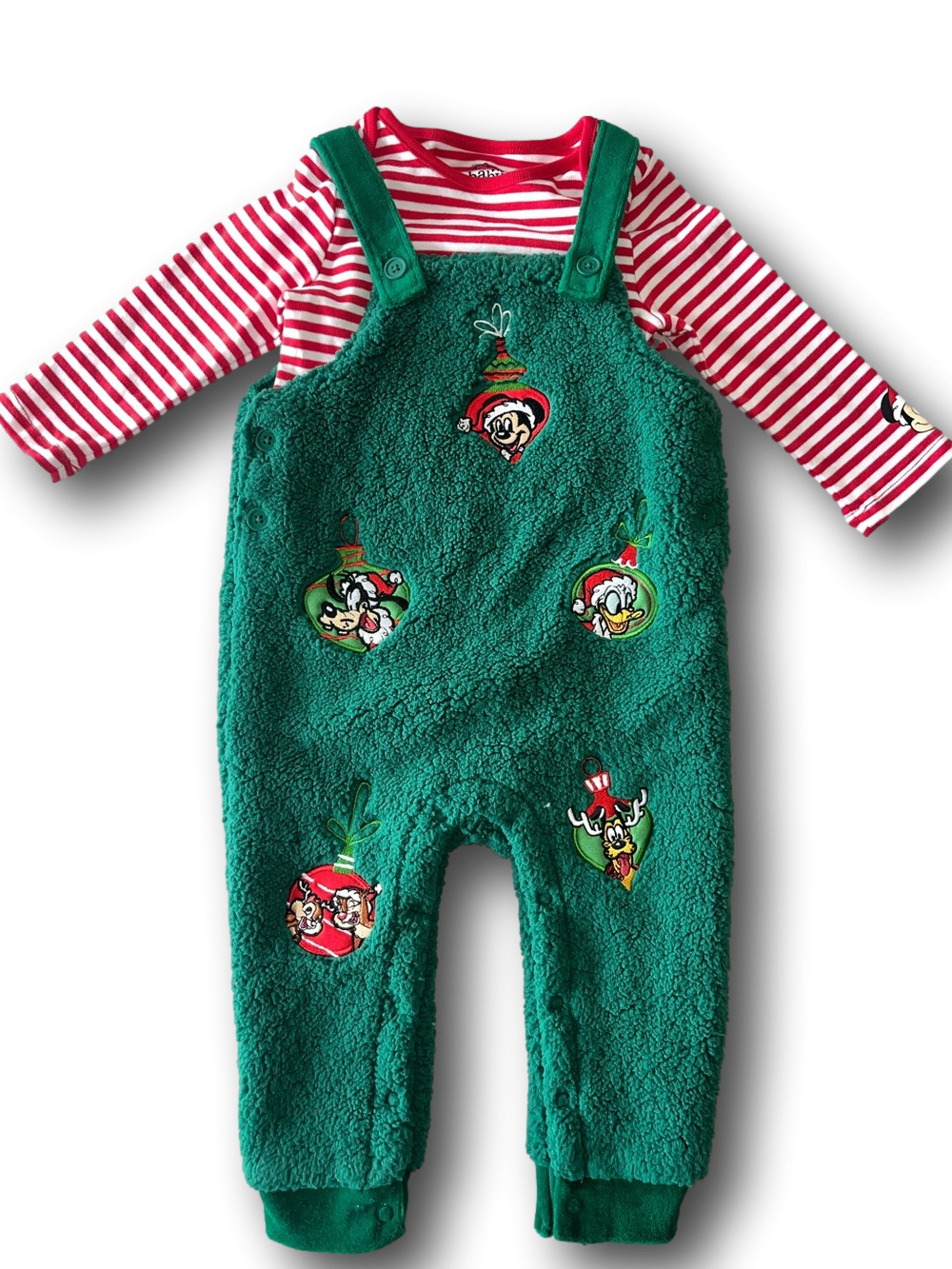 Disney Store Christmas Green Sherpa Overalls with Red & White Striped Onsie